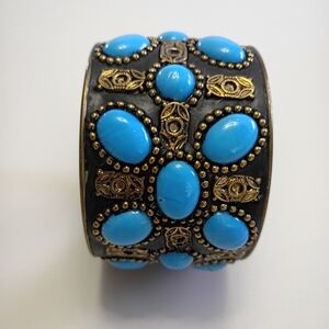 Chunky Bracelet Bangle Brass Turquoise Black Detailed